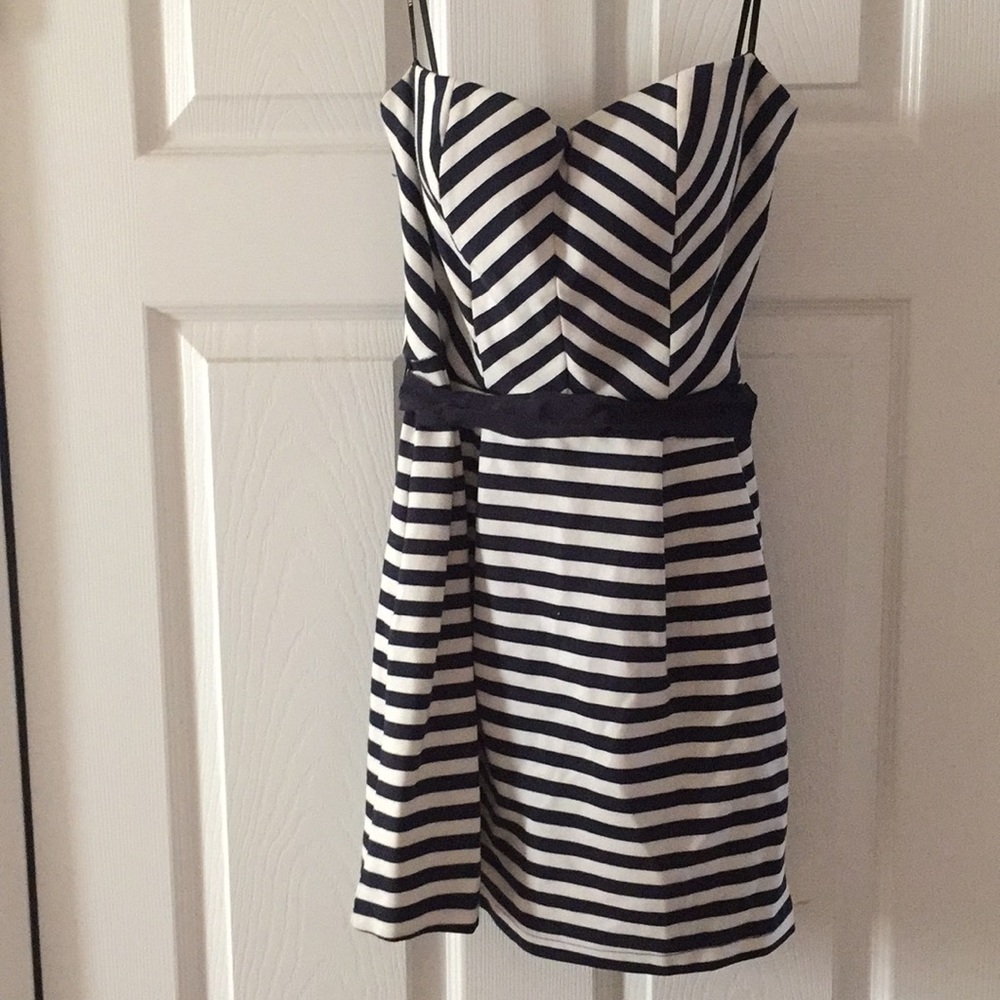 Navy and white striped strapless mini dress